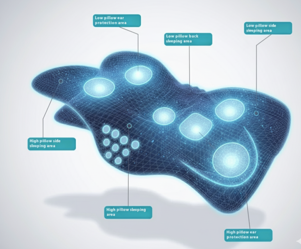 Diagram of a blue pillow with labeled sleeping areas on a light gray background