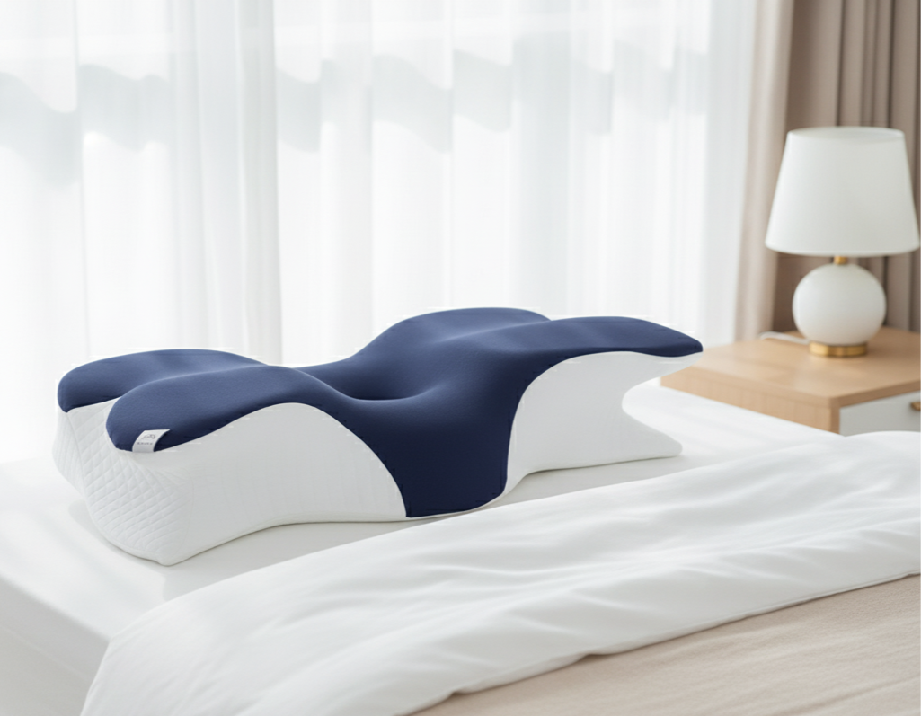 Ergonomic pillow on a bed in a bedroom setting