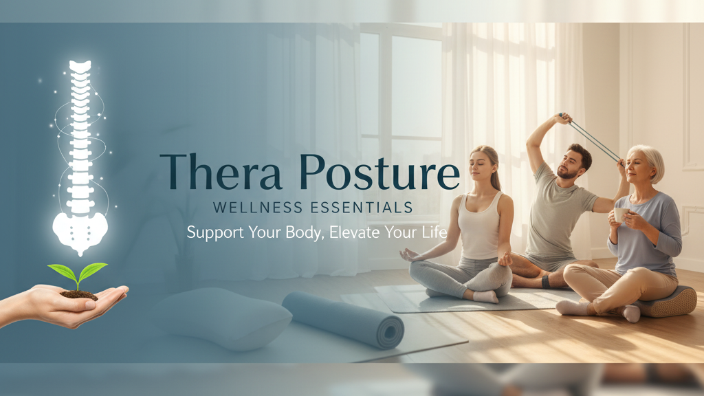 People practicing yoga in a bright room with 'Thera Posture' branding.