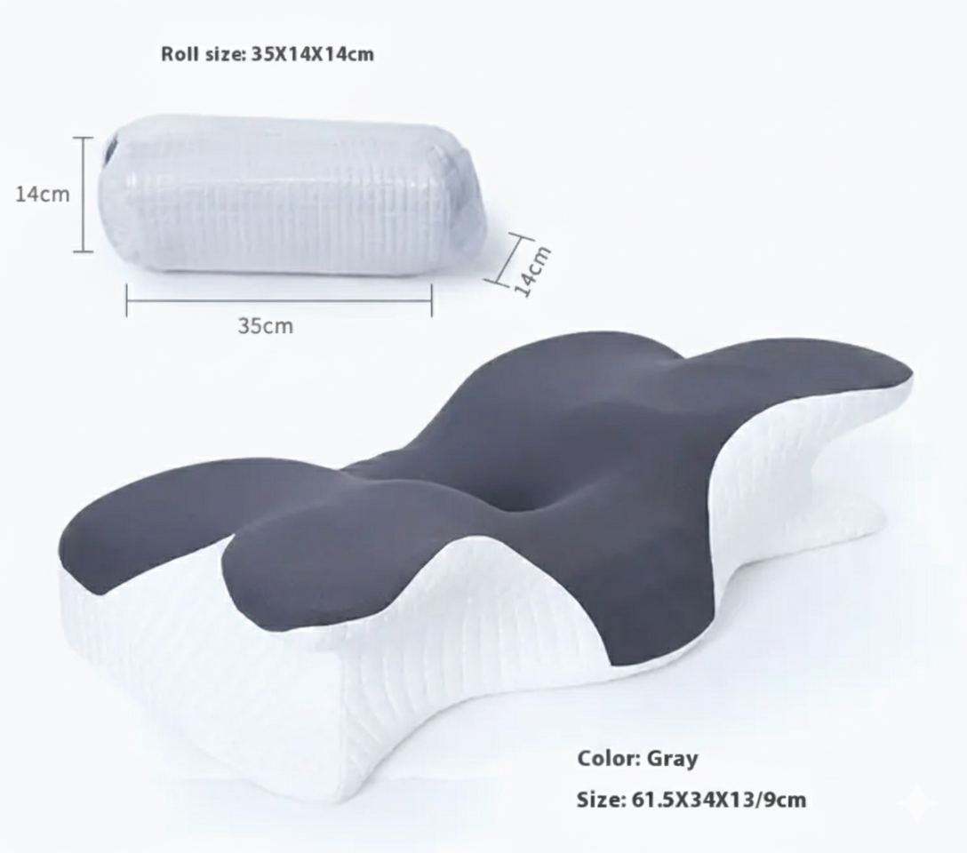 Gray ergonomic seat cushion with dimensions and color information on a white background