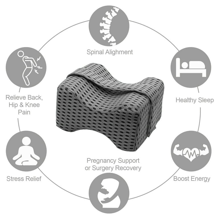 Gray ergonomic pillow with health benefits icons on a white background