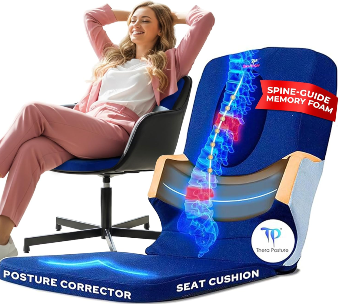 Woman sitting on a chair with a Thera-Posture seat cushion showing spine guidance.