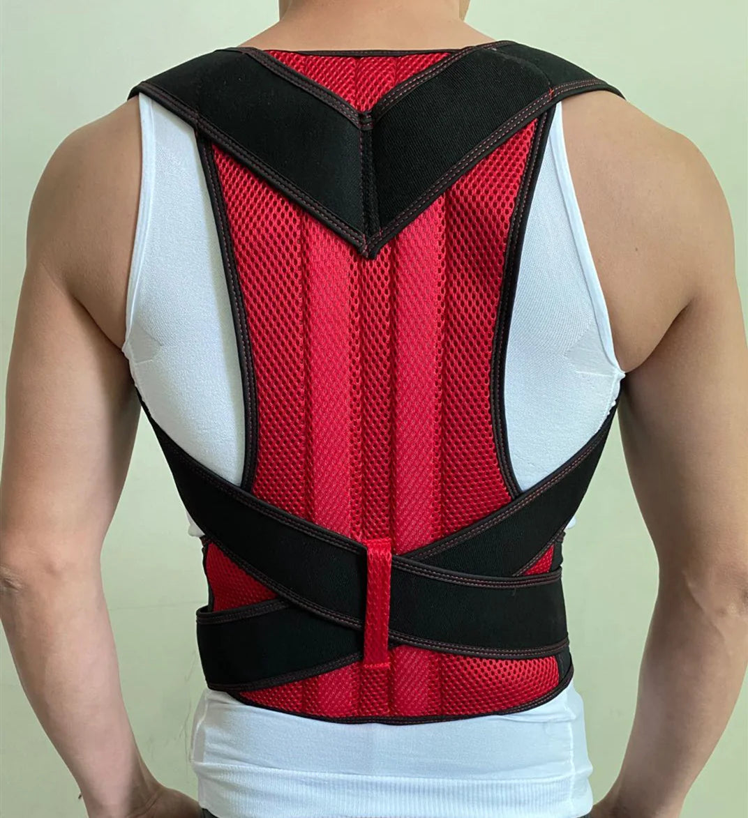 Red and black posture corrector worn by a person on a light green background