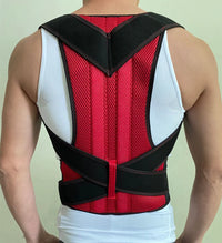Red and black posture corrector worn by a person on a light green background
