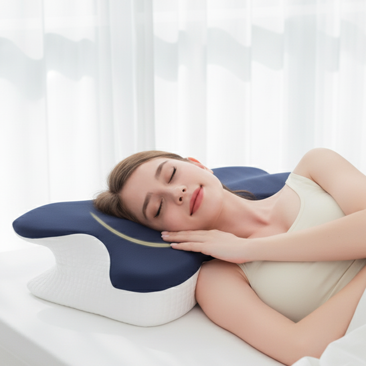 Woman lying on a bed with a blue and white ergonomic pillow, in a bright bedroom setting.
