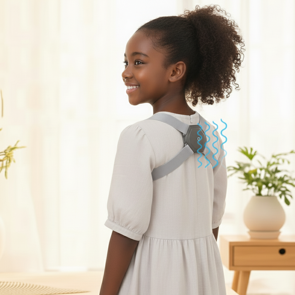 Young girl wearing a gray back brace in a bright room with plants.