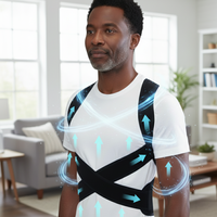 Man wearing a white shirt with a black  back brace in a living room setting