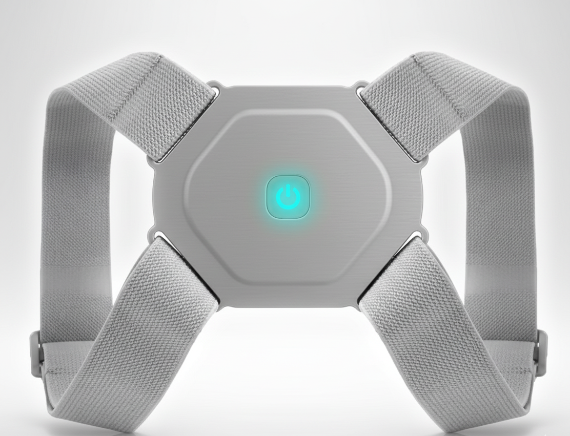 Gray Posture corrector device with a glowing green button o